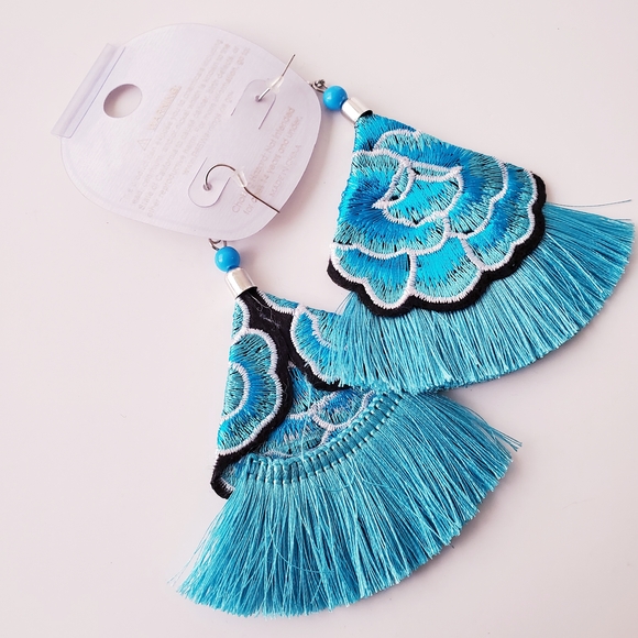 Turquoise Blue Embroidered Tassel Fringe Earrings by Superstar Accessories - Picture 3 of 5